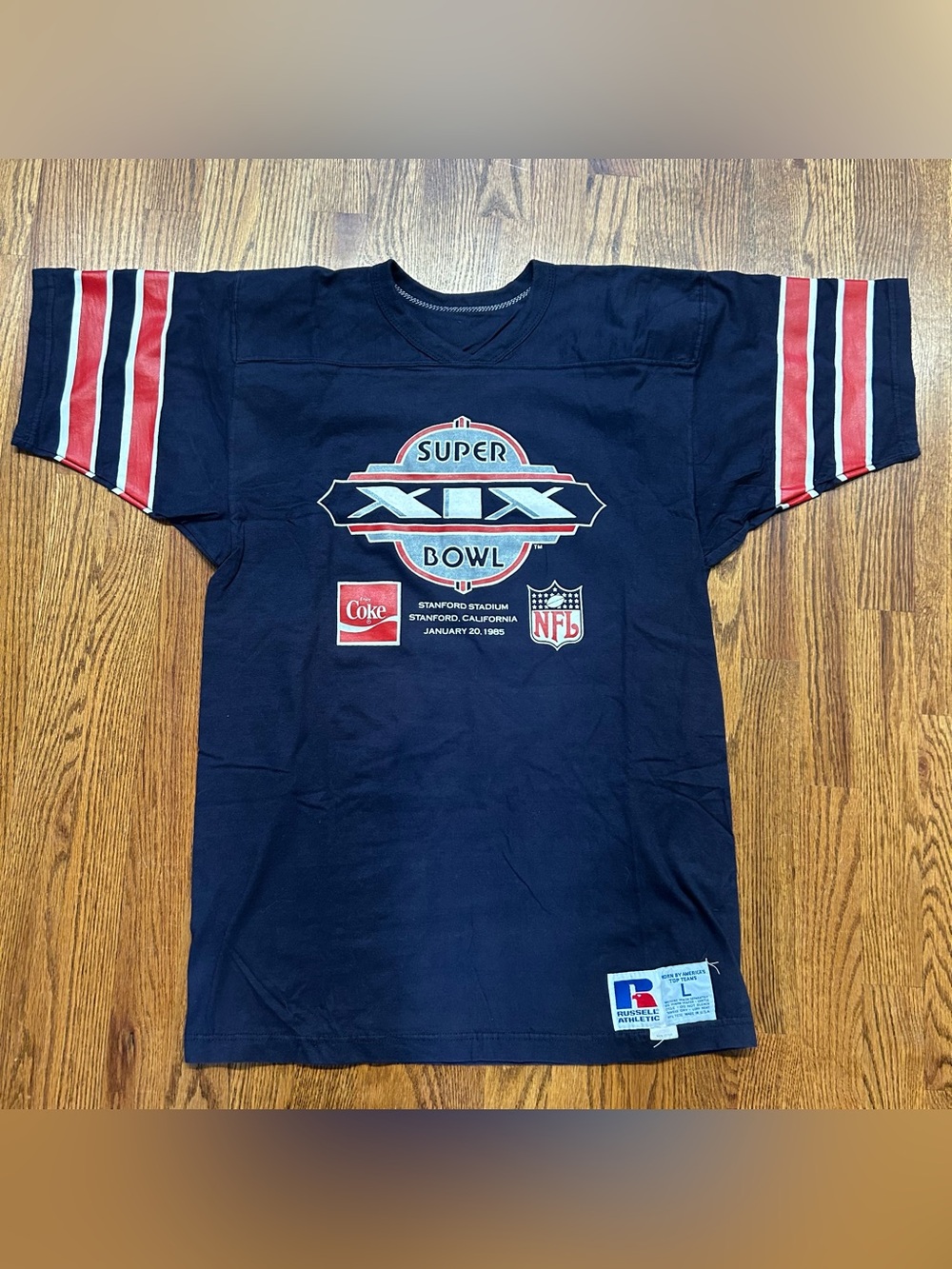 Vintage Russell Athletic Coca Cola Super Bowl 1985 Sz L 49ers Dolphins Cotton
